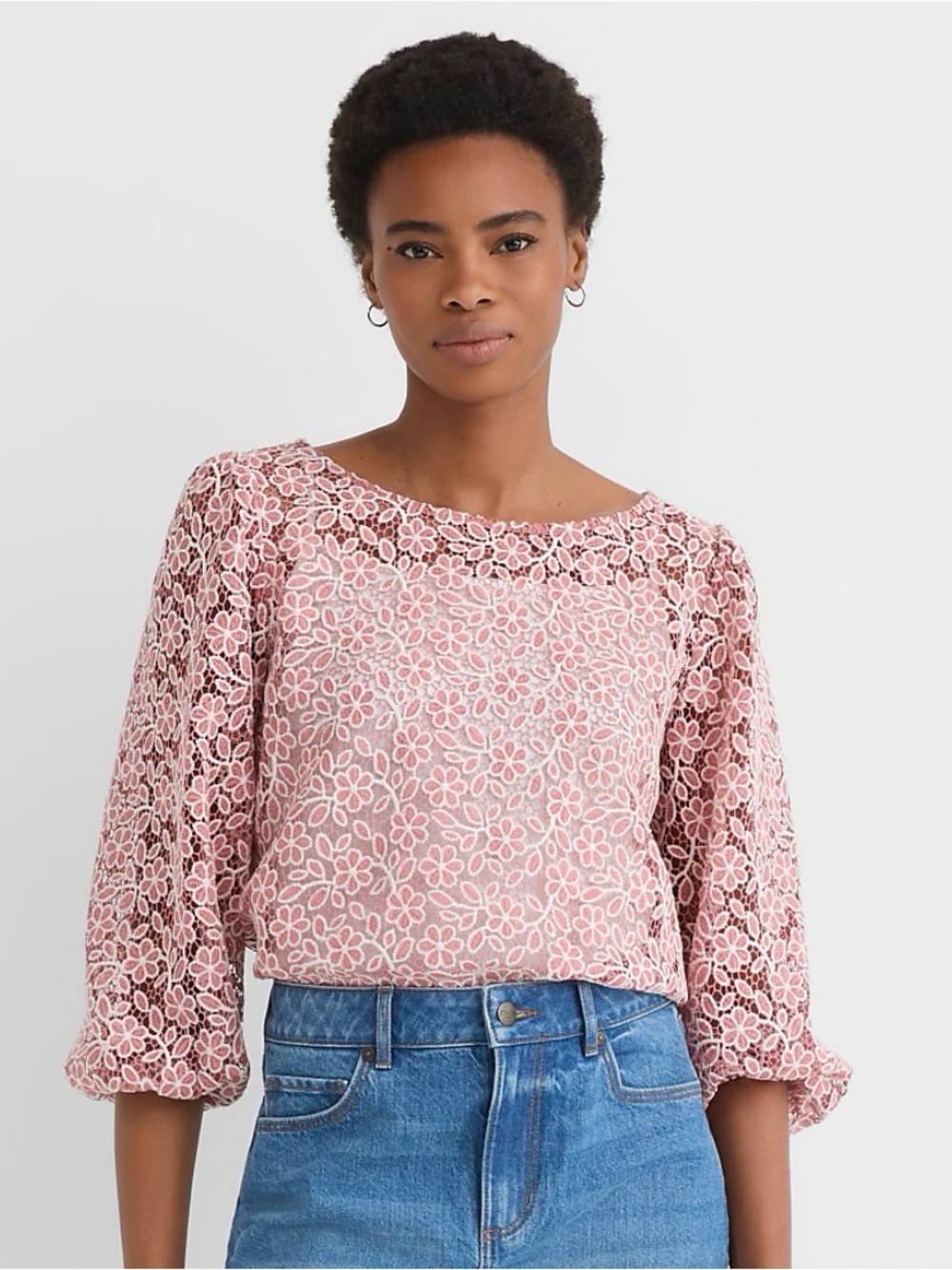 Loft Pink Floral Lace Sheer Balloon-Sleeve Top M